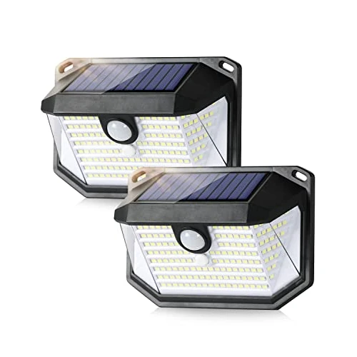 Luz Solar Exterior con Sensor de Movimiento IP65 Impermeable Focos LED Solares Luces Farolas Aplique Pared 3 Modos Lampara Seguridad Iluminación para Jardin Terraza Pergolas Patio Negro 2 Unidad