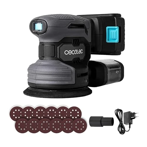 Cecotec PerfectSurface 2120 Draaischuurmachine, met accu, 21 V en 2000 mAh, 13000 omw/min, 12 reserveonderdelen, stofreservoir, aansluiting voor stofzuiger, dubbele excentrische beweging, 26.000