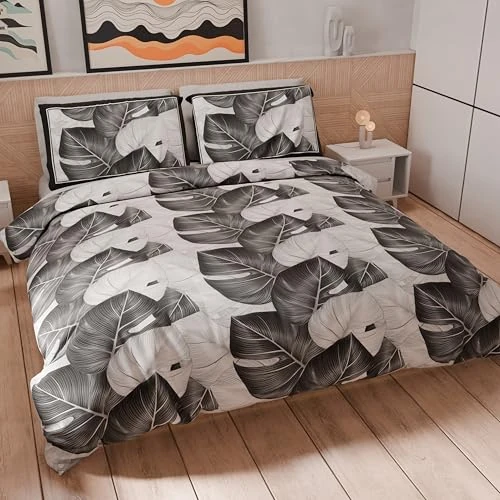PETTI Artigiani Italiani - Bettwäsche-Set für Doppelbett 250 x 200 cm (2 Kissenbezüge 50 x 80 cm im Lieferumfang enthalten), weiche Mikrofaser mit Digitaldruck - Made in Italy - Tropical Schwarz A