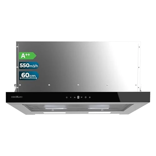 Offerta a tempo: Cecotec Cappa Telescopica 60 cm Flux TLT 605500 Glass A++. Motore 70W, Basso Consumo, Fronte Vetro, Aspirazione 550m³/h, Controllo Tattile e Gestuale, Filtro a Carboni Attivi, Nero - 57% da 139.00 € a 59.90 €