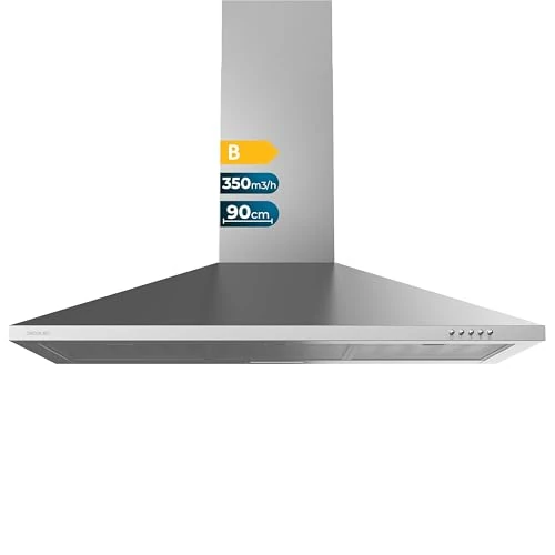 Cecotec Campana Extractora 90 cm Piramidal Bolero Flux PM 903500 Inox B. Motor 65W, Acabado Inox, Succión 350m3/h, Control Mecánico, 3 Niveles de Potencia, Luz y Filtro de Carbono