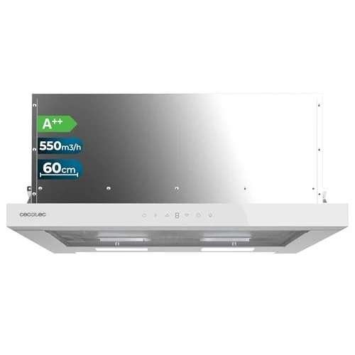 Zeitlich begrenztes Angebot: Cecotec Teleskop-Dunstabzugshaube 60cm Flux TLT 605500 White Black A++. Motor 70W, Niedriger Energieverbrauch, Front aus schwarzem Glas, Absaugung 550m³/h, Touch- und Gestensteuerung, Aktivkohlefilter von 169.00 € auf 169.00 €