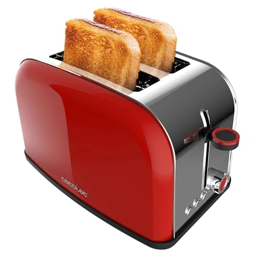 Cecotec Toastin' time 850 Red Lite vertical toaster, 850 W, Capacity for 2 toasts, Wide slot, Stainless steel, Pre-configured functions for convenience, Customizable toasting control