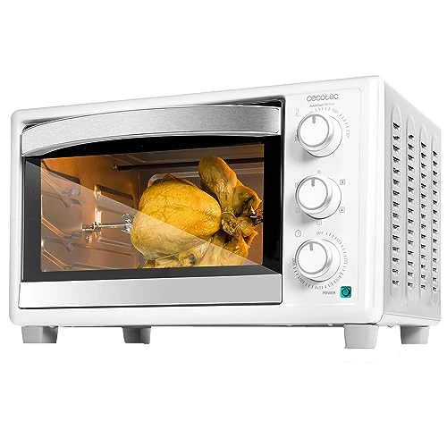 Cecotec Tischofen BakeundToast 3090 White Gyro, 30L, 1500W, 5 Funktionen, Inklusive Drehspieß, Innenbeleuchtung, Krümelschublade, 360º-Griff, Konvektionsgaren, Doppelt verglaste Tür