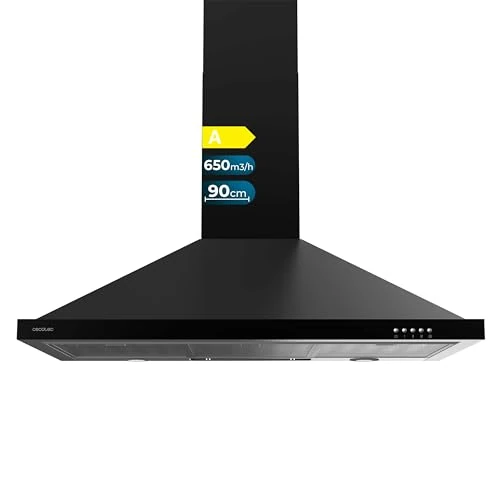 Cecotec Pyramidale Bolero Flux PM 906500 Extractor Hood 906500 Black A. 165 W Motor, Black Finish, Suction 650 m3/h, Mechanical Control, 3 Power Levels, Light and Carbon Filter