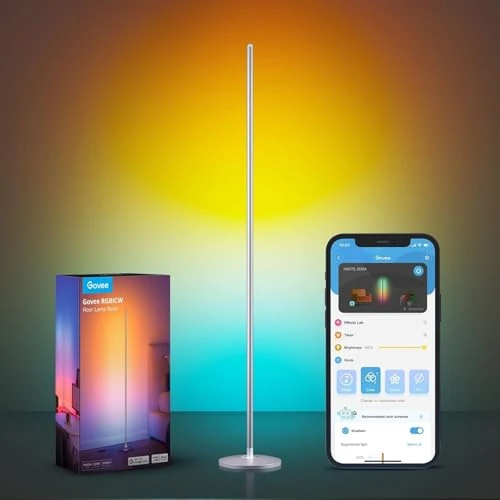 Govee Lampy podłogowe LED, nowoczesna lampa podłogowa RGBIC współpracuje z Alexa, APP, 16 milionów kolorów muzyka synchronizacja ciepła lampa podłogowa do salonu, sypialni, srebrna