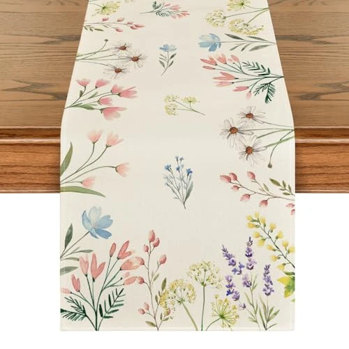 Artoid Mode Camino de mesa con plantas y flores, primavera, temporada de verano, cocina, decoración interior, vacaciones, fiesta, decoración, 40 x 140 cm