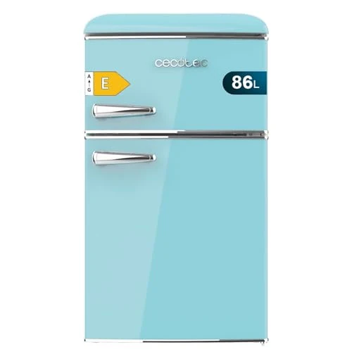 Cecotec Refrigerator Freezer Bolero CoolMarket 2D Origin 86 Blue E. 86 L, Glass Shelves and Vegetable Drawer, Class E, Total No Frost, Temperature Control, LED Light, Retro