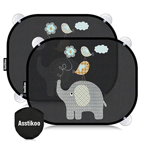 Tijdelijke aanbieding: Asstikoo Autozonwering voor baby's met uv-bescherming, 45 x 35,5 cm, zonneklep met 8 zuignappen, zonwering voor kinderen met schattige diermotieven, set van 2 van 11.99 € naar 11.99 € (0.00% korting)