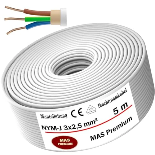 Offerta a tempo: MAS Premium Cavo di alimentazione per ambienti umidi, 5 – 200 m, NYM-J 3 x 1, 5 2,5 4 6 10 o 5 x 1,5 2,5 4 6 10 16, cavo elettrico per installazione fissa (NYM-J 3 x 2, 5 mm², 5 m) - 0.00% da 30.37 € a 30.37 €