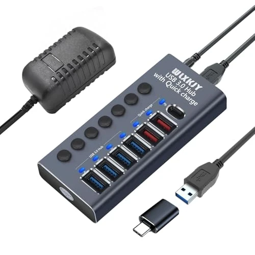 Hub di alimentazione da 36 W (12 V/3 A), hub USB 3.0 7 in 1 in alluminio WLXKJY (4 porte di trasferimento dati USB 3.0, 3 porte di ricarica rapida) con interruttore indipendente