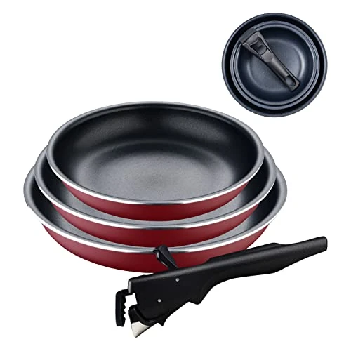 Bergner Click&Cook Red Edition 4-Piece Pan Set 18, 20 and 24 cm + Removable Ergonomic Handle Pressed and Non-Stick Coated Aluminium for All Cookers and Ovens