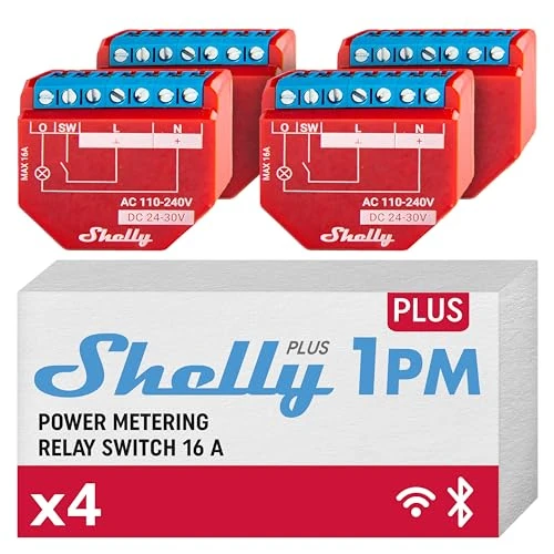 Shelly Plus 1PM - Módulo Interruptor WiFi y Bluetooh con Medidor de Consumo de Energía, 16A, Control remoto Luces Inalámbricas, aplicación iOS Andoid, Compatible con Alexa, Google Home (4 Piezas)