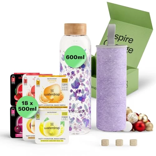 Offerta a tempo: waterdrop® Bottiglie Vetro 600ml con 18 Drops senza zucchero - idee regalo donna - Pacchetto degustazione con Borraccia e 6 gusti aromatizzanti per acqua, senza zuccheri - Cofanetto regalo donna - 37% da 39.90 € a 25.23 €