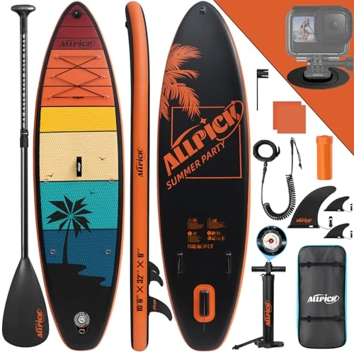 ALLPICK Paddle Gonflable, Kit de Padelsurf de Stand Up Paddle Sup Gonflable de 320 cm, avec Support Universel pour Caméra, Pagaie réglable, Débutants et confirmés, 200 kg (Orange)