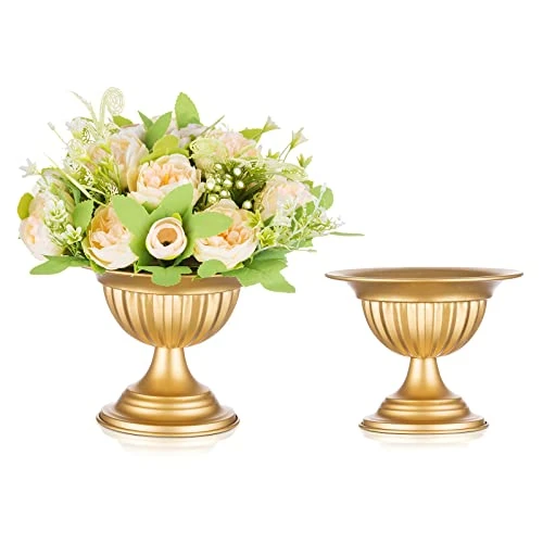 Limited offer: Sziqiqi Gold Vase for Wedding Decorations: 13 cm Tall Vases for Table Centrepiece - Metal Flower Urn for Floral Arrangement Set of 2 - Vintage Decor for Birthday Party from 14.42 EUR to 12.98 EUR (save 10%)