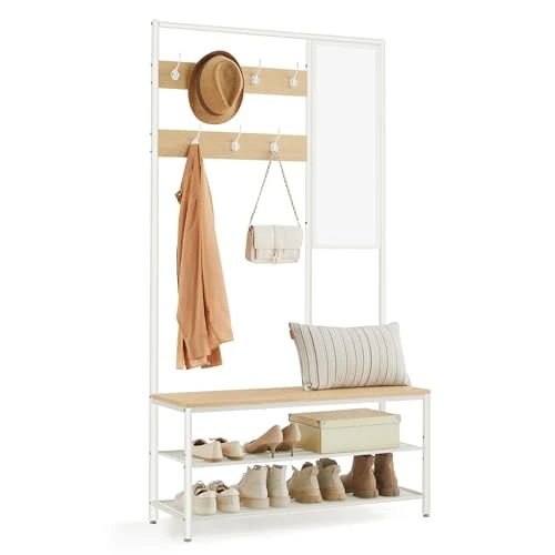 Limited-time offer: VASAGLE Coat Rack with Shoe Storage, Coat Stand for Hallway with Mirror, Hooks, Bench, and Shoe Shelves, 35 x 98 x 180 cm, Hallway Bedroom Entryway, Modern, Oak Colour and Cloud White HSR415W09 from 126.65 £ to 126.65 £ (save 0.0%)