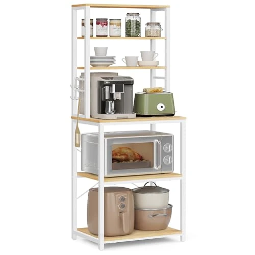 Offre limitée : VASAGLE Étagère de Cuisine, Étagère pour Machine à Café, 6 Étagères et 6 Crochets, pour Four à Micro-Ondes, Cadre en Acier, Style Industriel, 40 x 60 x 167 cm, Couleur Chêne et Blanc KKS024W09 de 69.99 € à 69.99 € (0.00% de remise)