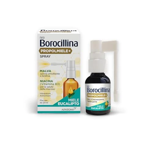 NEO BOROCILLINA Propolmiele+ Spray, Integratore Alimentare per il benessere della Gola, Flacone da 20ml, Gusto Eucalipto e Miele