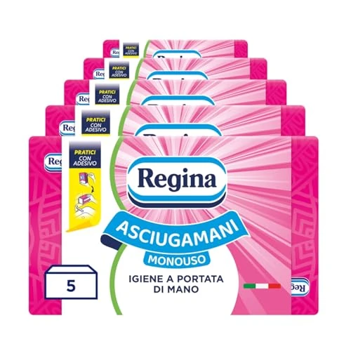 Regina Asciugamani Monouso – 5 Confezioni da 100 Servizi ciascuna, Asciugamani Usa e Getta Pratici ed Igienici, 100% Cellulosa FSC, Biodegradabili, Confezione Dispenser
