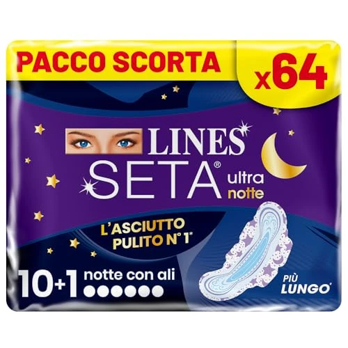 Limited-time offer: Lines Ultra Absorbent Silk Ultra Night with Wings, Stock Pack, Pack of x64 from 19.75 GBP to 19.75 GBP (save 0%)