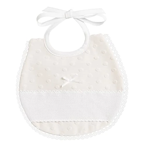 Offerta a tempo: Filet - Bavaglino Ovale in Morbido Tessuto con Pois Effetto 3D con Inserto in Tela Aida da Ricamare, Bordato in Pizzo, Chiusura con Laccetti, Ideale per Neonati, Made in Italy, Colore Beige - 0.00% da 11.87 € a 11.87 €