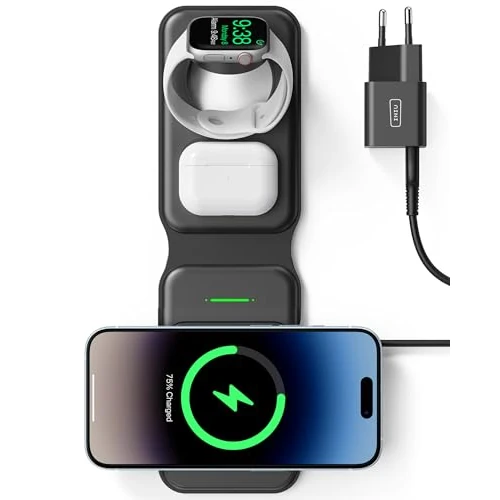 Offerta a tempo: INIU Caricatore Wireless iPhone, Magsafe 3 in 1 Base Ricarica Certificato Qi, Da viaggio Caricabatterie Wireless Universale per iPhone 16 15 14 13 12 Apple Watch 8 7 Ultra AirPods 4 3 Pro ecc. - 17% da 32.98 € a 27.35 €