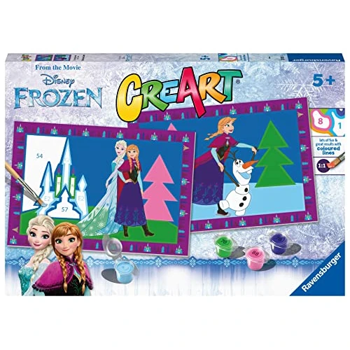 Ravensburger CreArt 5 Anni Junior: Frozen – Dipingere con i Numeri per Bambini 5+ Anni, Kit Pittura con 2 Tavole, Pennello Ergonomico e Colori Inclusi, 32 x 22 cm, Idee Regalo per Bambini 5 Anni