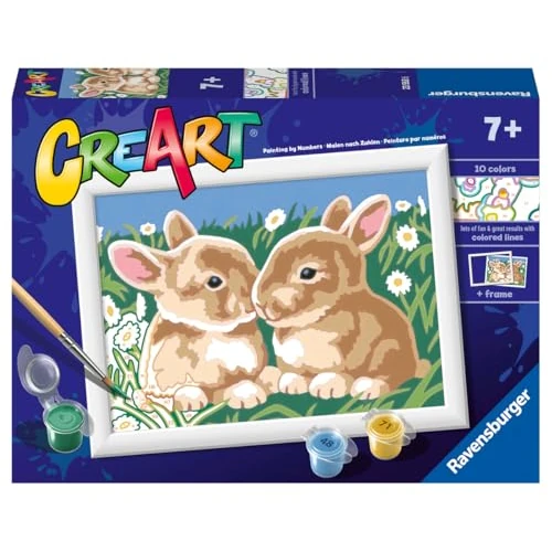 Offerta a tempo: Ravensburger CreArt: Teneri coniglietti – Dipingere con i Numeri per Bambini 7+ Anni, Kit Pittura con Tavole, Cornice, Pennello e Colori Inclusi, 14 x 19 cm, Idee Regalo - 45% da 11.90 € a 6.50 €