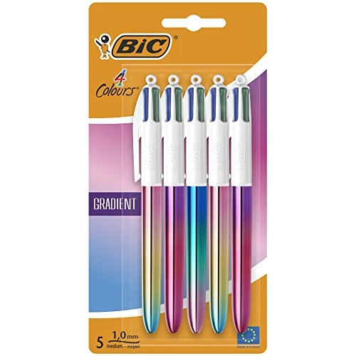 BIC 4 Colores Gradient Bolígrafo Retráctil de Punta Media (1,0 mm) - Diseños de Cuerpo con Degradado Tricolor, Pack de 5