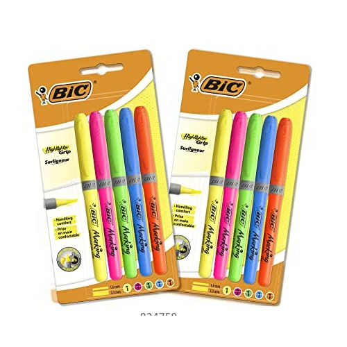 BIC Highlighter Grip Subrayadores con Punta Biselada Modular y Tinta con Base de Agua - 10 (2 Packs de 5)