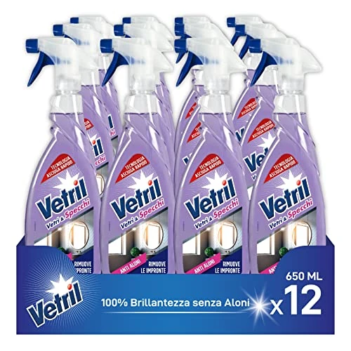Vetril - Reinigingsspray voor ramen en spiegels met anti-strepenwerking, verwijdering van vingerafdrukken, sneldrogende technologie, eco-fles, 650 ml x 12 stuks