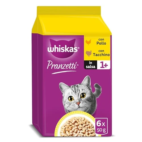 Offerta a tempo: WHISKAS PRANZETTI Cibo Umido in Salsa per Gatti Adulti 6x50g Pollame, confezione da 12 - 11% da 33.63 € a 29.88 €