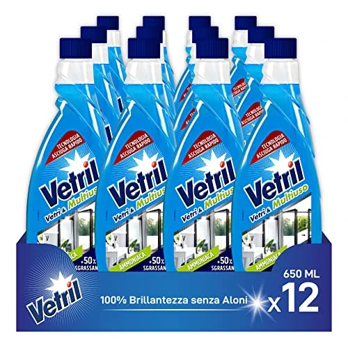 Vetril - Recharge pour nettoyant spray pour vitres et multi-usages avec ammoniac, action dégraissante et technologie sèche rapide, en écoflacon, 650 ml x 12 pièces