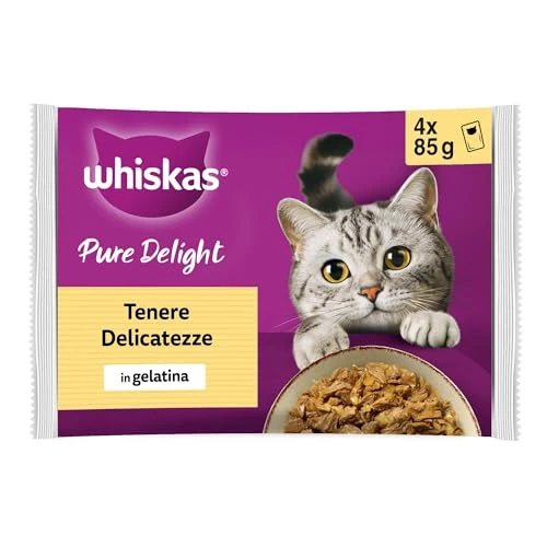 Offerta a tempo: WHISKAS PURE DELIGHT Cibo Umido in Gelatina per Gatti Adulti 4x85g Selezione Delicata, confezione da 13 - 40% da 32.37 € a 19.37 €
