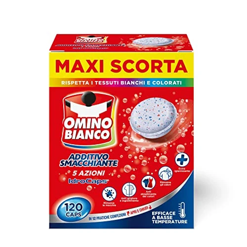 Omino Bianco - Washing Machine Additive Total 5 Actions in 1 Hydrocaps, Water-soluble Capsules for Laundry, Stain Remover and Disinfectant, 10 Caps x 12 Packs