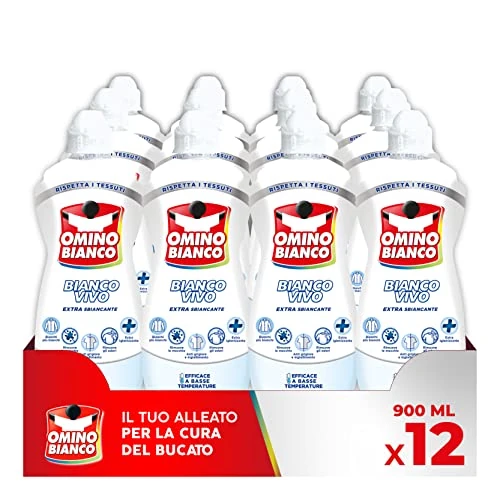 Omino Bianco - Additivo Sbiancante Bianco Vivo Gel Lavatrice, Azione Extra Sbiancante e Igienizzante, Specifico per i Tessuti Bianchi, 900 ml x 12 Pezzi