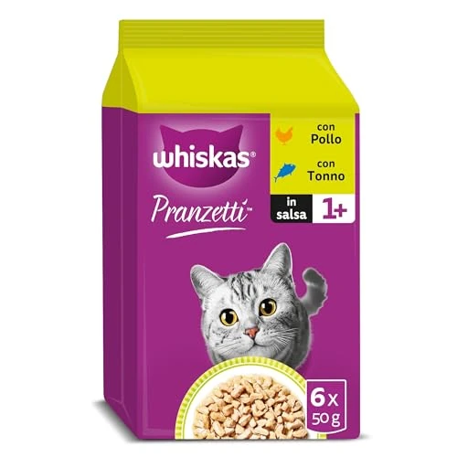 Offerta a tempo: WHISKAS PRANZETTI Cibo Umido in Salsa per Gatti Adulti 6x50g Carne & Pesce, confezione da 12 - 11% da 33.63 € a 29.88 €