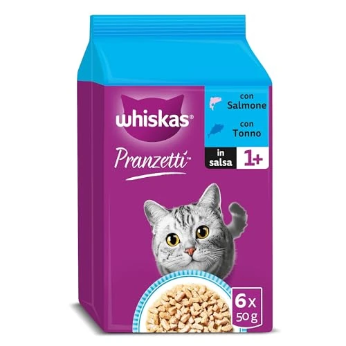 Offerta a tempo: Whiskas Pranzetti Selezione di Pesce 1+ Adulto, Cibo Umido per Gatto, 12 Confezioni ognuna da 6 bustine x 50g (72 Pezzi in Totale) - 33% da 33.63 € a 22.59 €