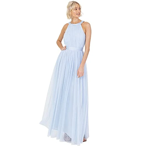 Anaya with Love Ladies Maxi Dress for Women Halter Neck Long Sleeveless with Belt A Line Evening Gown Ball Prom Wedding Guest Bridesmaid Vestido, Light Blue, 40 para Mujer
