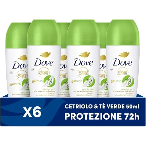 Offerta a tempo: Dove, Deodorante Roll On Advanced Care Cetriolo e Tè Verde, Antitraspirante, Formula Delicata Con Tripla Azione Idratante, Protezione Fino a 48 Ore, Deodorante Uomo e Donna, 6 Pezzi da 50ml - 36% da 19.74 € a 12.70 €