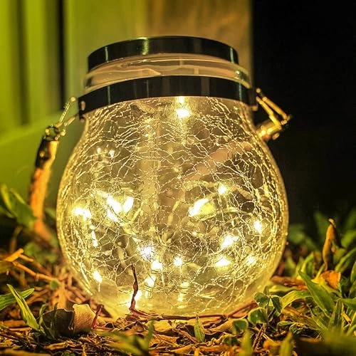 M Ledme SphereGlass Solar Lantern na zewnątrz, ciepłe światło, solarne lampiony solarne do ogrodu, solarne światło ze zdejmowanym uchwytem, trawnik, Boże Narodzenie, 2W, LM8074