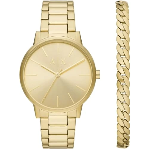 Offerta a tempo: Armani Exchange Orologio da uomo, Movimento al quarzo a tre lancette e cassa da 42 mm con cinturino in acciaio, Set di toni dorati - 42% da 219.00 € a 127.40 €
