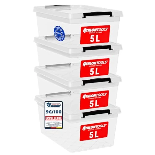 Oferta limitowana: ATHLON TOOLS 4 x 5 l pudełka do przechowywania z pokrywką, przeznaczone do kontaktu z żywnością – klipsy zamykające – 100% nowe tworzywo sztuczne, przezroczyste z 79.90 zł na 79.90 zł (oszczędź 0.00%)