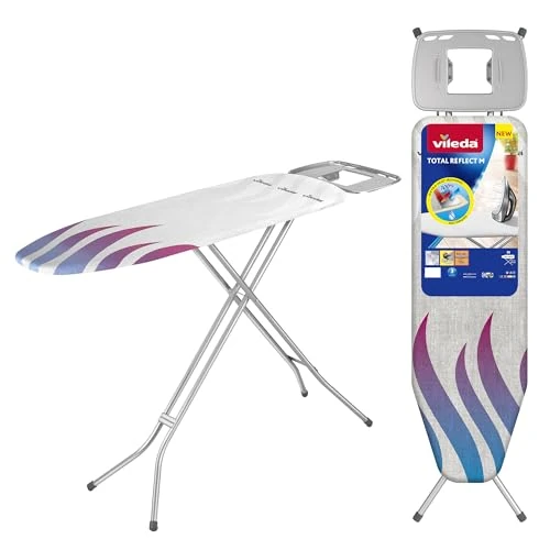 Vileda Total Reflect Ironing Board Medium with Heat Reflective Cover, XL Steam Iron Rest, 120 x 38 cm Ironing Table with Adjustable Height 75-96cm, Kid Safe Pull and Lift Closing and Hanger Hooks