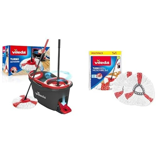 Vileda Turbo Juego de Cubo de fregona para Suelos giratoria con Pedal - Mango telescópico 85-123 & Recambio Turbo,Compatible con Todos los Sistemas Turbo de I Rendimiento Extra