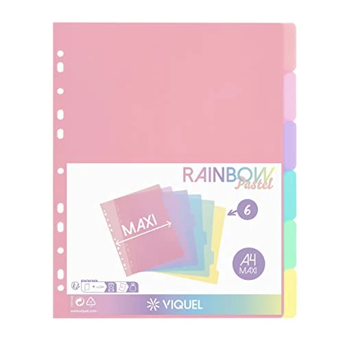 Limited-time offer: Viquel - Set of 6 Plastic dividers Rainbow Pastel - Maxi Format (24.5 x 30.5 cm) - for A4 Maxi Format Binder or Lever Arch File - Pastel Colour from 5.79 GBP to 4.94 GBP (save 15%)