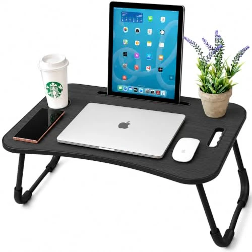 unycos - Plateau de Petit Déjeuner, Table de Lit Pliante Multifonctionnel, Plateau Bois, Support Ordinateur Portable avec Poignée, Porte-Gobelets, Porte-Tablette 60 x 40 x 26 cm (Noir sans Tiroir)