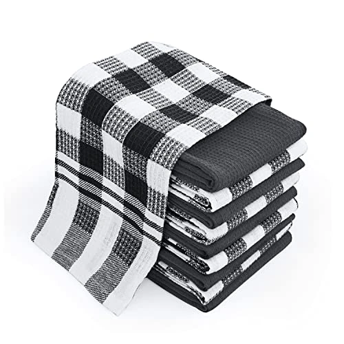Chef Pomodoro Strofinacci Cucina Cotone (Pacco da 10) 38 x 63 cm, Canovacci Cucina in 100% Cotone a Scacchi e Tinta Unita, Asciugamani Cucina Super Assorbenti, Lavabili in Lavatrice (Nero)