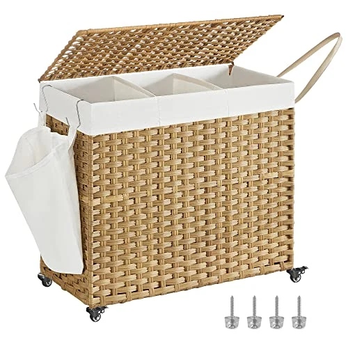 Offerta a tempo: SONGMICS Cesto Portabiancheria con Coperchio, 160L, Cesta Biancheria in Rattan Sintetico con Ruote, 3 Scomparti, Sacco Rimovibile, Lavanderia Camera da Letto, 70 x 36 x 66 cm, Naturale LCB365N01 - 0.00% da 65.99 € a 65.99 €